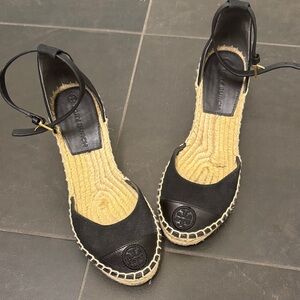 Tory Burch Black Espadrille Wedge Ankle-Strap Sandals